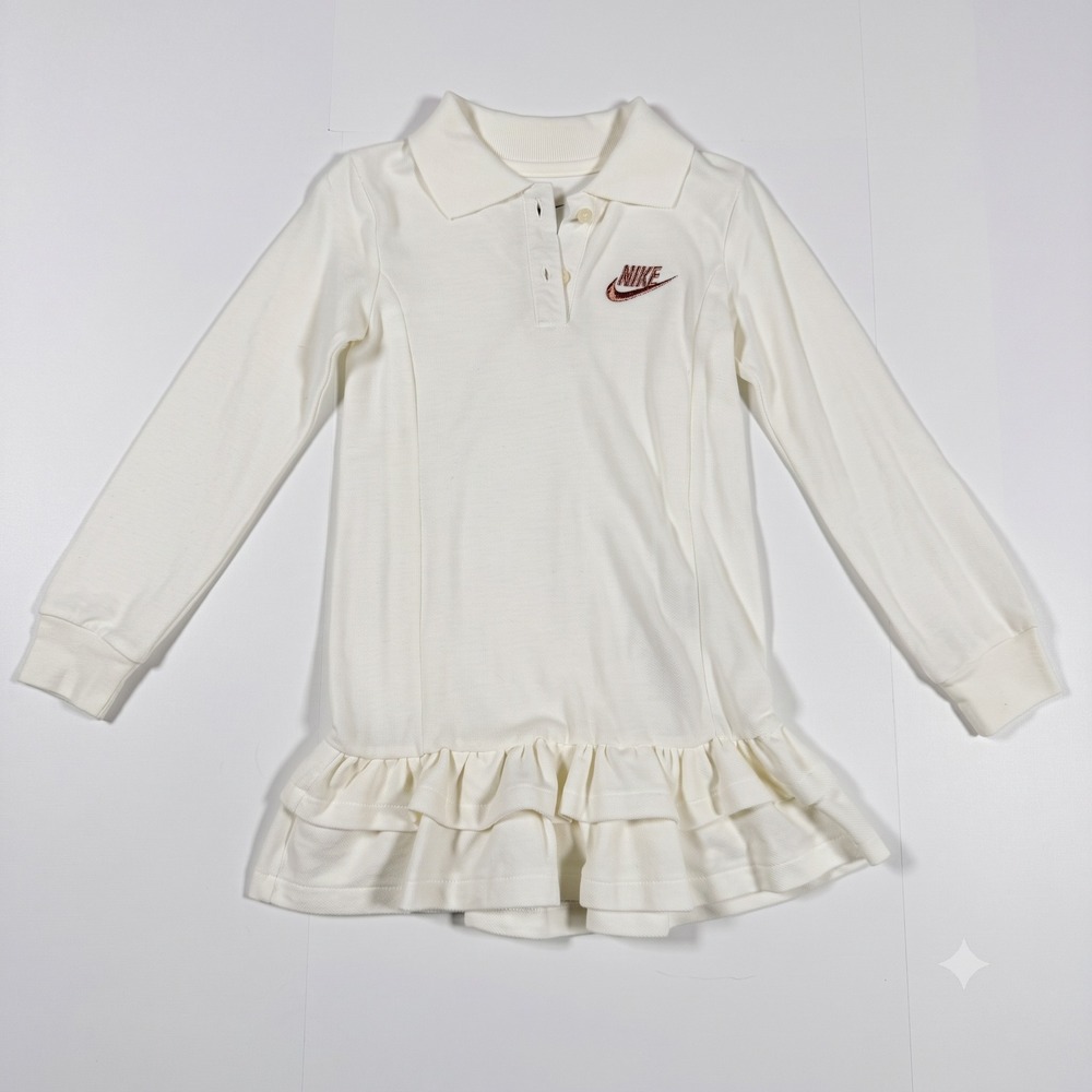 Nike Polo Dress Girls 4T Cream Off-White Long Sleeve Ruffle Hem Rose Gold Logo